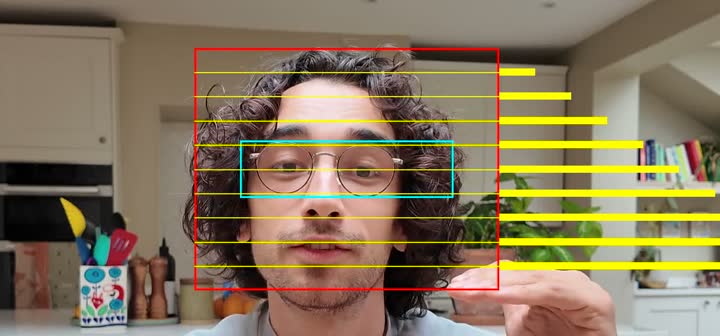 How the face box is measured: the head box from the matte, with the eye band and face box drawn
